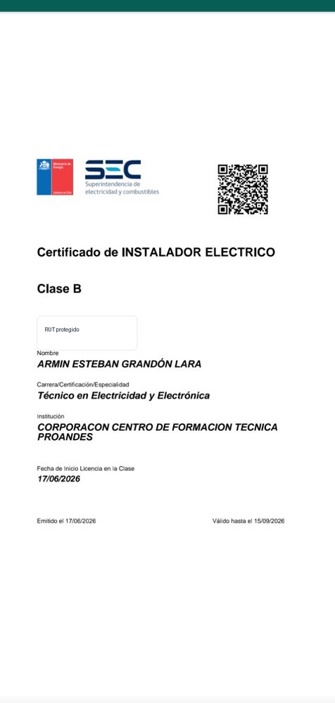 Certificado SEC Instalador Eléctrico Clase B con RUT protegido